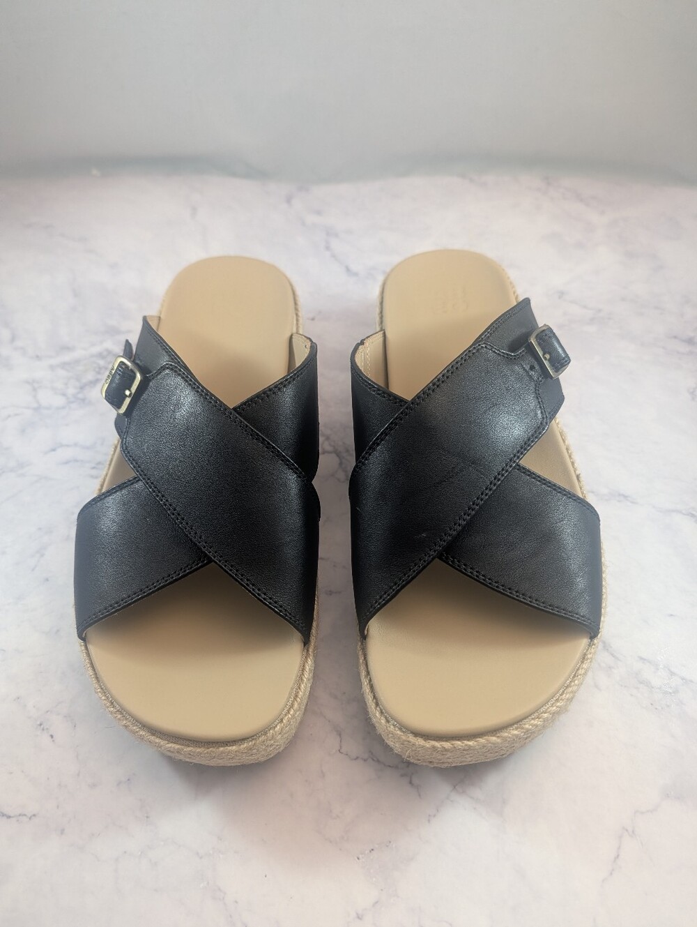 Abeo Solstice Cross Sandals Women 9.5 Black Leather Espadrille Wedge Slide New